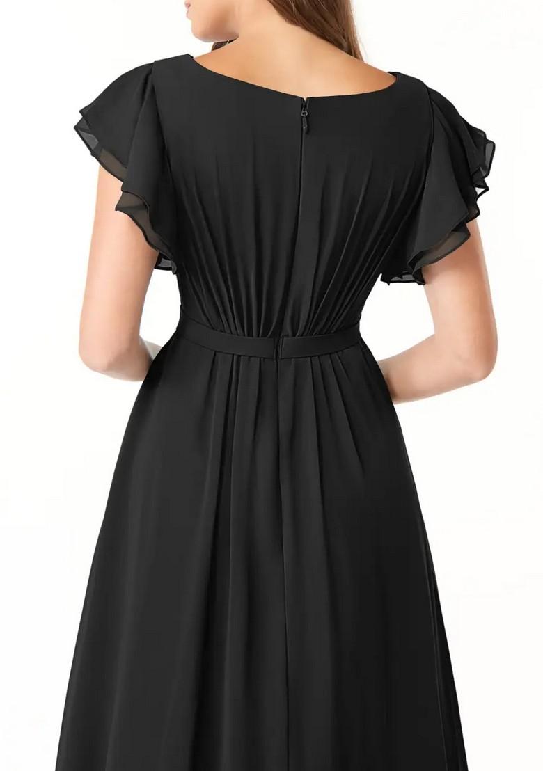 Black A-Line Ruffled Chiffon Gown