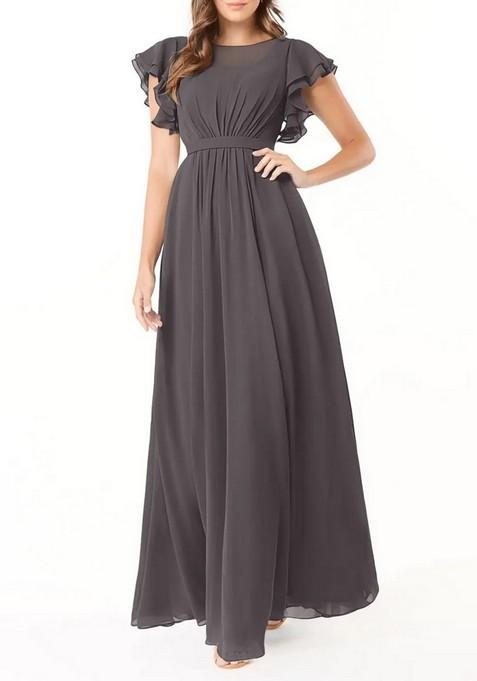 Steel Grey A-Line Ruffled Chiffon Gown