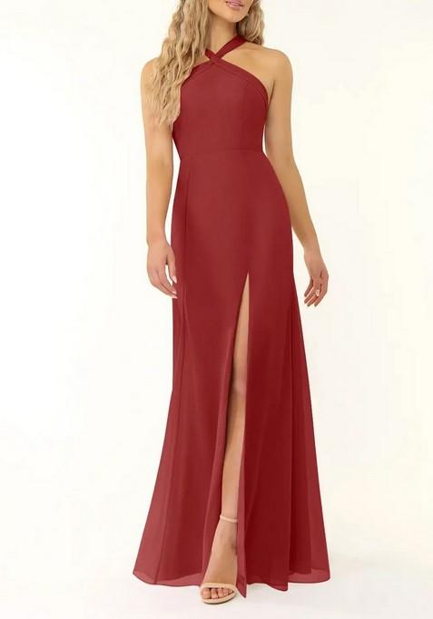 Rust Flowy Halter Chiffon Gown