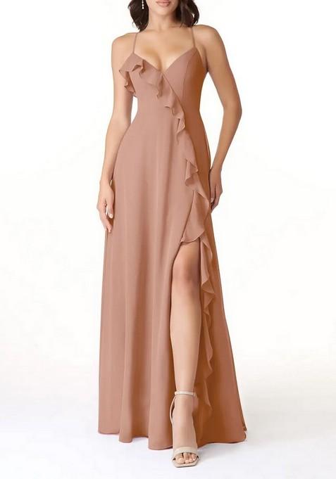 Light Brown Flowy V-Neck Chiffon Gown