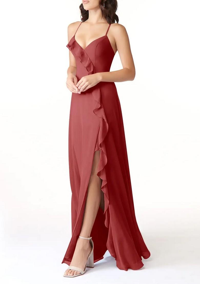 Rust Flowy V-Neck Chiffon Gown