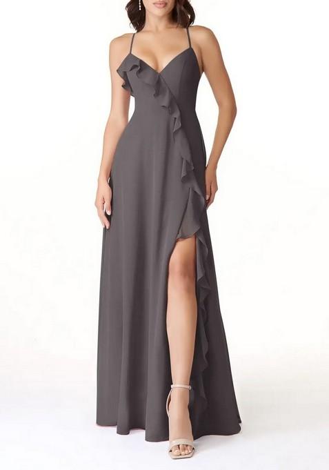 Steel Grey Flowy V-Neck Chiffon Gown