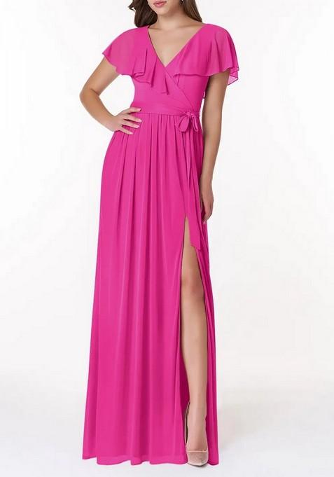 Fuchsia A-Line V-Neck Chiffon Gown