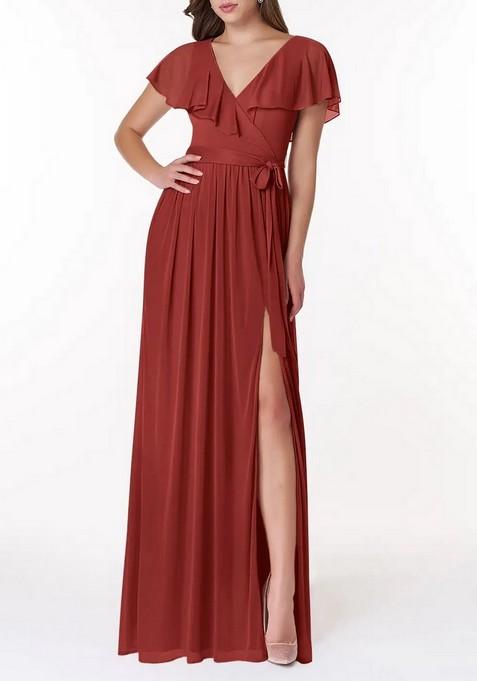 Rust A-Line V-Neck Chiffon Gown