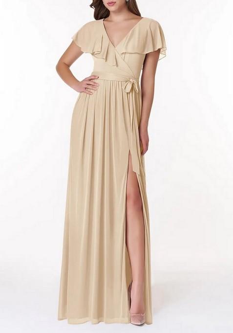 Cream A-Line V-Neck Chiffon Gown