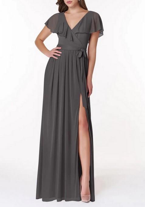 Steel Grey A-Line V-Neck Chiffon Gown