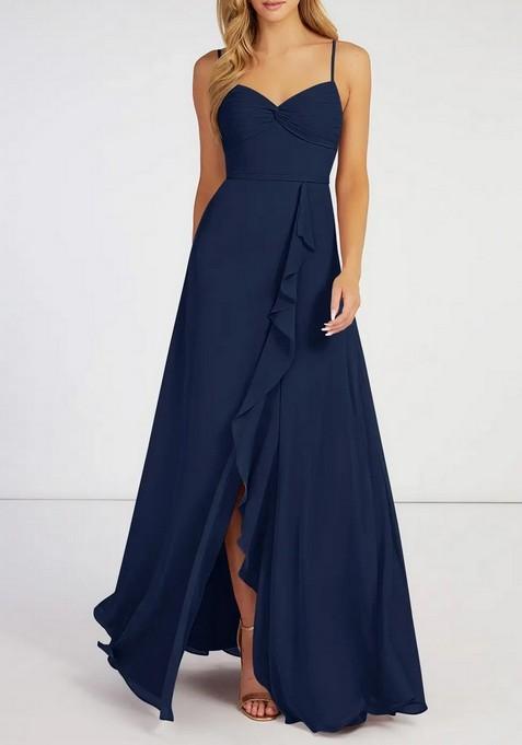 Dark Navy Flowy Ruched Chiffon Gown