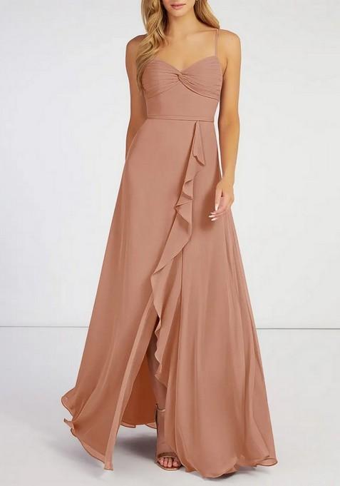 Light Brown Flowy Ruched Chiffon Gown