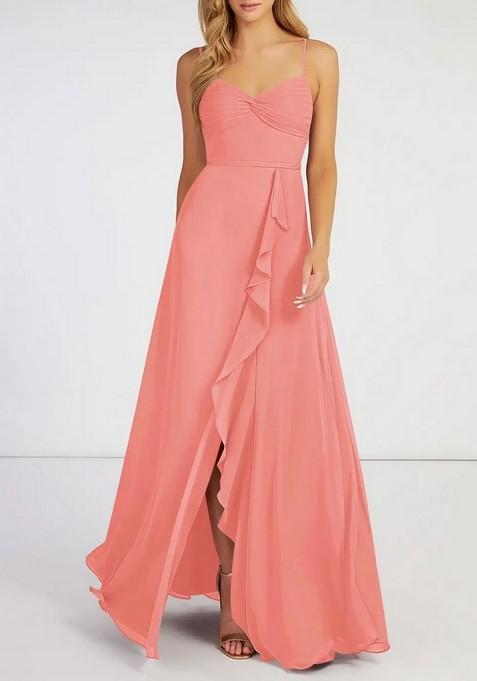 Coral Flowy Ruched Chiffon Gown