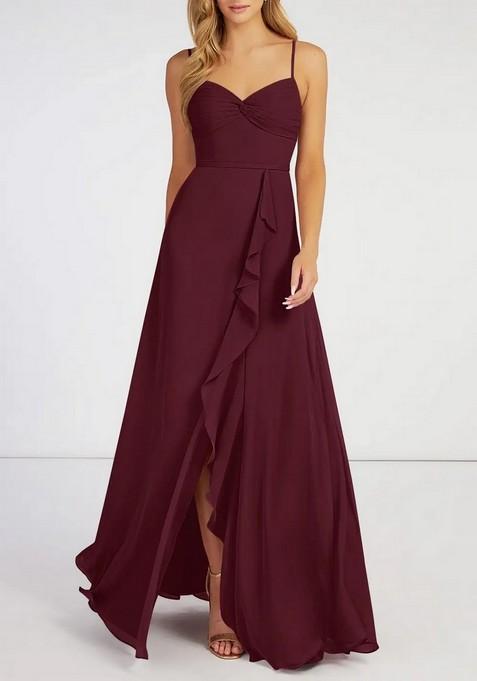 Wine Flowy Ruched Chiffon Gown