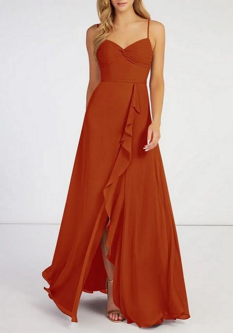 Dark Orange Flowy Ruched Chiffon Gown