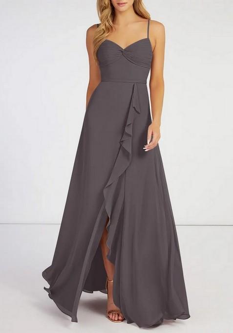 Steel Grey Flowy Ruched Chiffon Gown