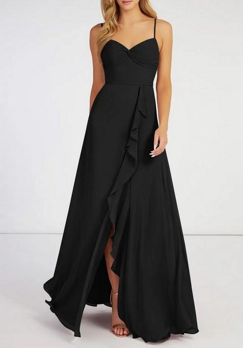 Black Flowy Ruched Chiffon Gown