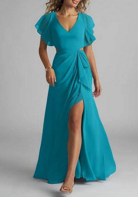 Blue Flowy Ruched Chiffon Gown