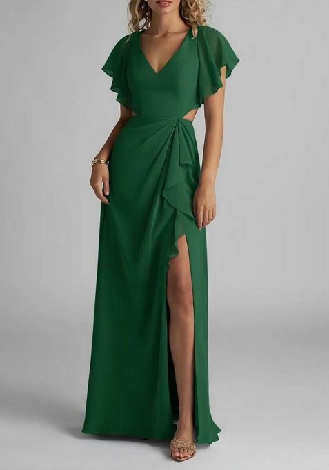 Dark Green Flowy Ruched Chiffon Gown