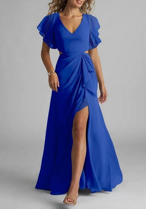 Royal Blue Flowy Ruched Chiffon Gown