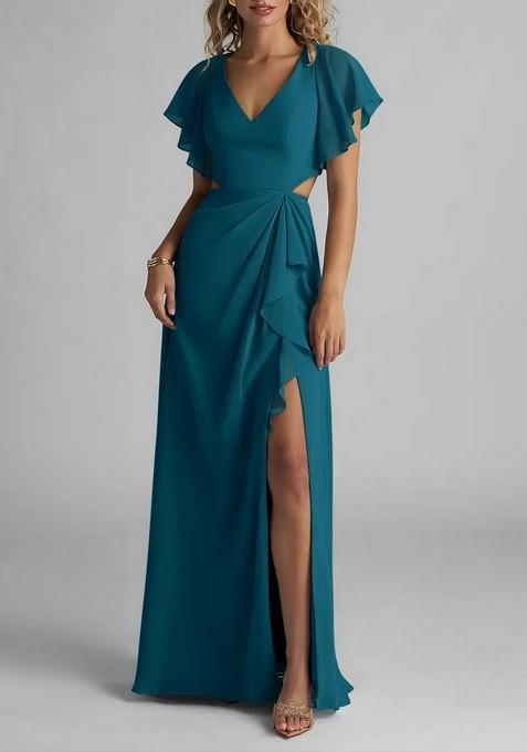 Ink Blue Flowy Ruched Chiffon Gown