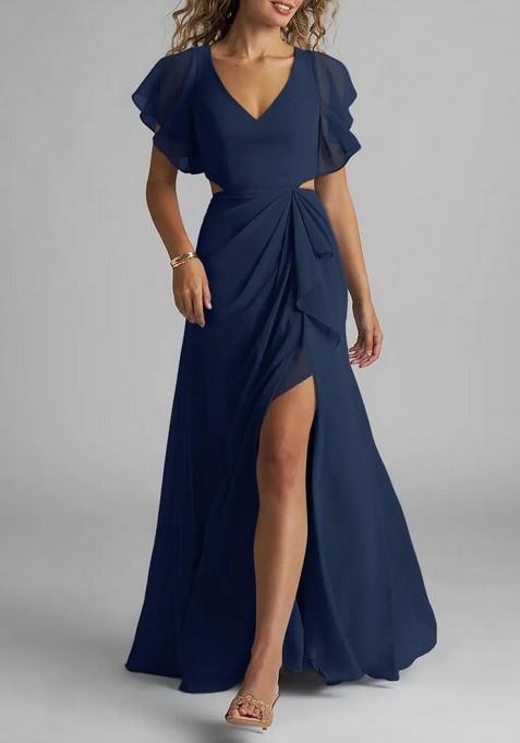 Dark Navy Flowy Ruched Chiffon Gown