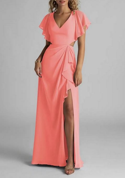 Coral Flowy Ruched Chiffon Gown