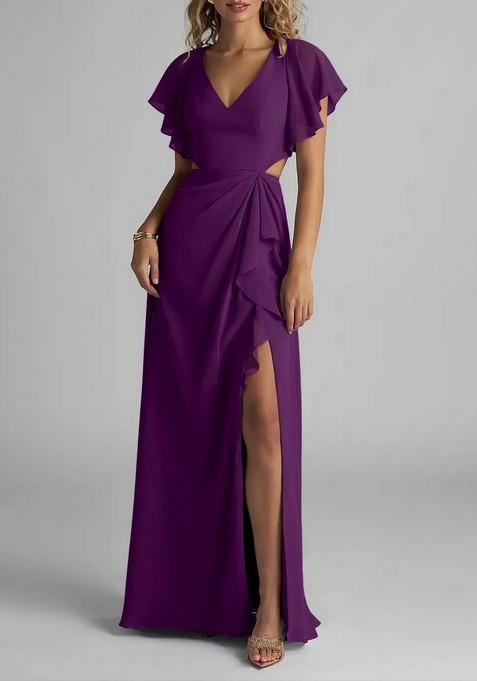 Purple Flowy Ruched Chiffon Gown