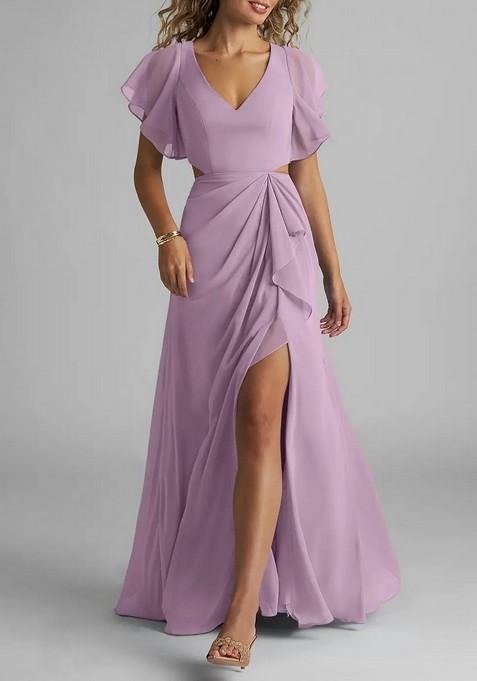 Lavender Flowy Ruched Chiffon Gown