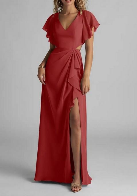 Rust Flowy Ruched Chiffon Gown