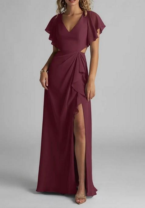 Wine Flowy Ruched Chiffon Gown