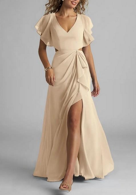 Cream Flowy Ruched Chiffon Gown