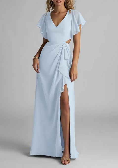 Sky Blue Flowy Ruched Chiffon Gown