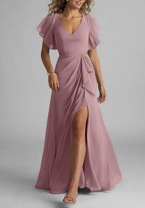 Dusty Rose Flowy Ruched Chiffon Gown