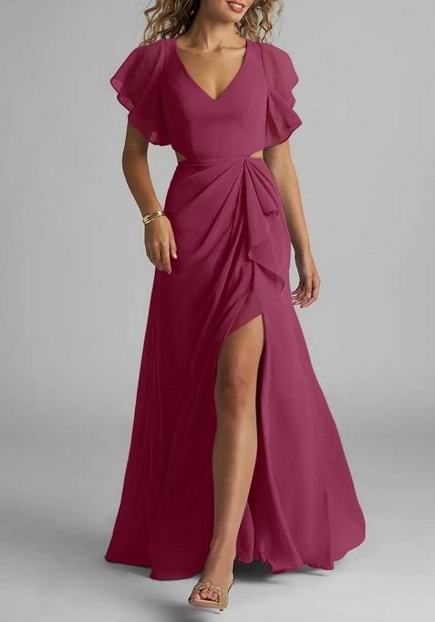 Purple Flowy Ruched Chiffon Gown