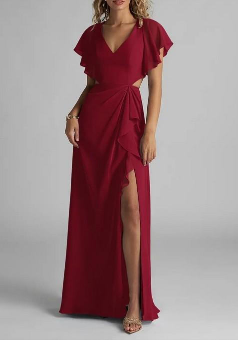 Burgundy Flowy Ruched Chiffon Gown