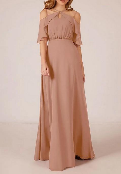 Light Brown A-Line Ruched Chiffon Gown