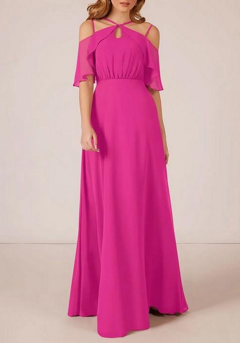 Fuchsia A-Line Ruched Chiffon Gown
