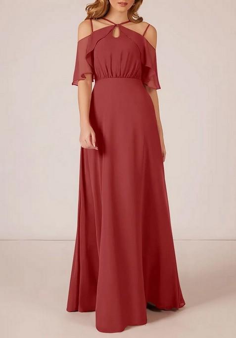 Rust A-Line Ruched Chiffon Gown