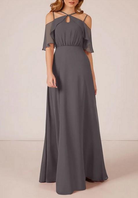 Steel Grey A-Line Ruched Chiffon Gown