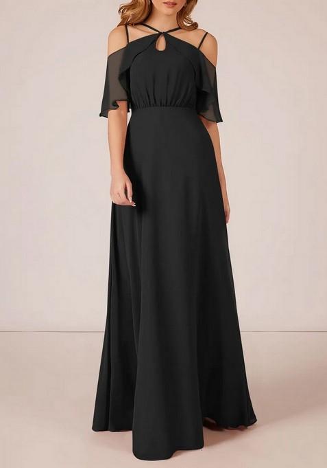 Black A-Line Ruched Chiffon Gown