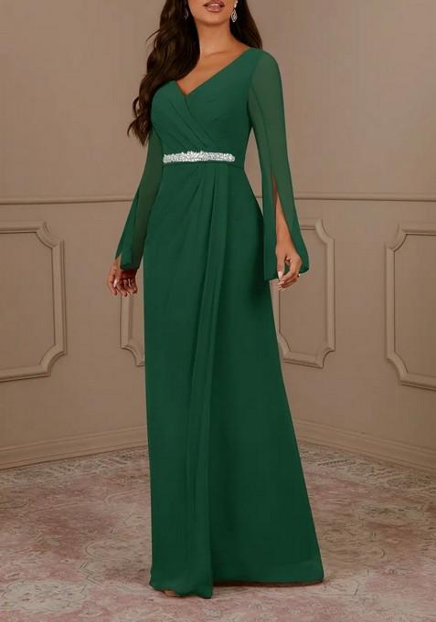 Dark Green A-Line V-Neck Pleated Chiffon Gown