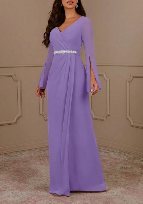 Lavender A-Line V-Neck Pleated Chiffon Gown