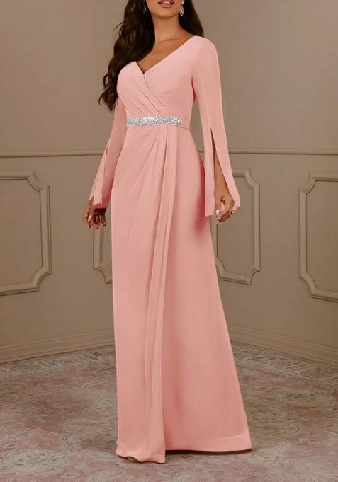 Light Pink A-Line V-Neck Pleated Chiffon Gown