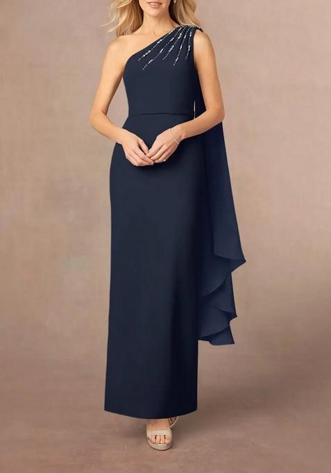 Dark Navy One Shoulder Chiffon Gown