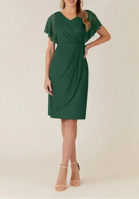 Dark Green Sheath Pleated V-Neck Power Lycra Net Dress