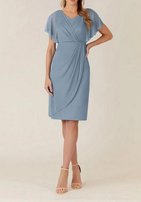 Dusty Blue Sheath Pleated V-Neck Power Lycra Net Dress