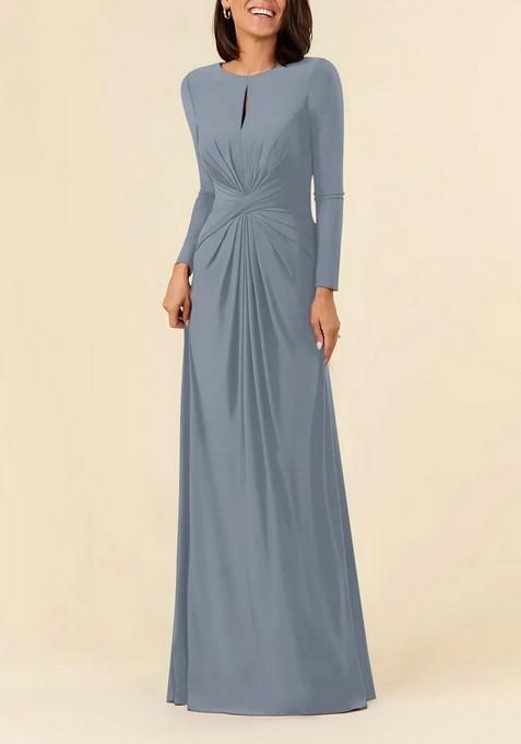 Dusty Blue A-Line Pleated Power Lycra Net Gown