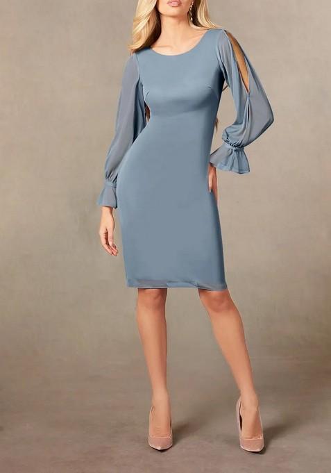 Dusty Blue Sheath Thin Satin Dress