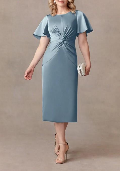 Dusty Blue Sheath Pleated Thin Satin Dress