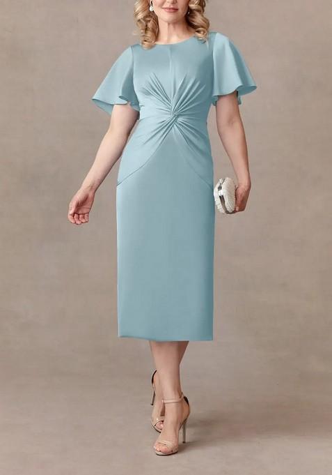 Moody Blue Sheath Pleated Thin Satin Dress