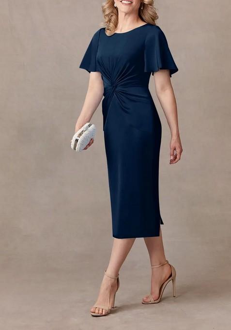 Dark Navy Sheath Pleated Thin Satin Dress