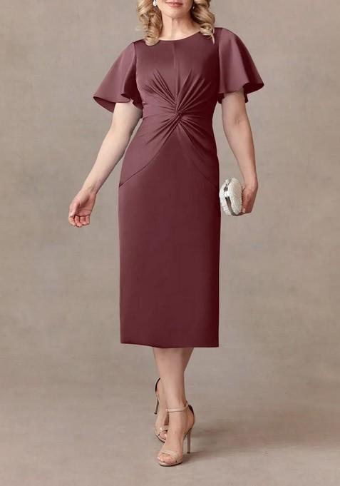 Burgundy Sheath Pleated Thin Satin Dress