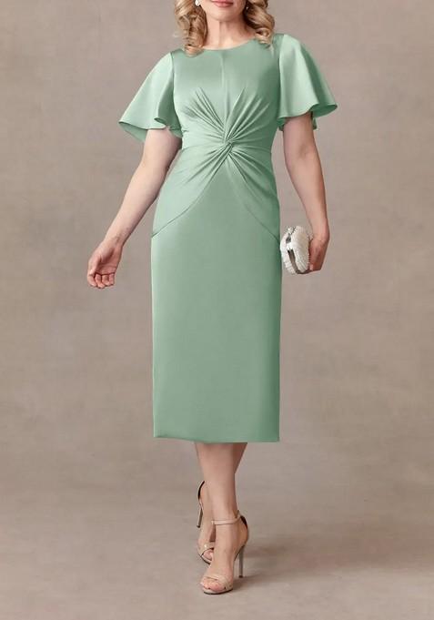 Green Sheath Pleated Thin Satin Dress